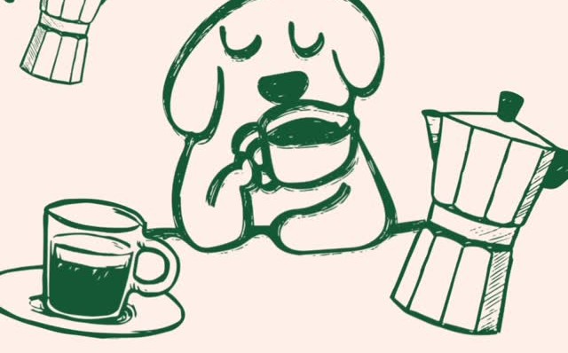 Coffee Cloud's hand-drawn green dog cradling a mug of Greek coffee